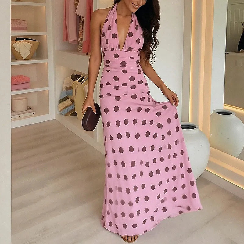 Robe Décontractée À Pois Pour Femmes, Col En V, Longue, Sans Manches, Longueur Cheville, Robe D'été