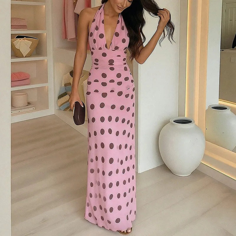 Robe Décontractée À Pois Pour Femmes, Col En V, Longue, Sans Manches, Longueur Cheville, Robe D'été