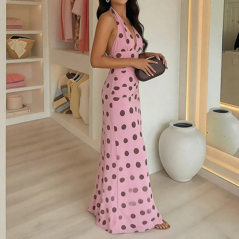 Robe Décontractée À Pois Pour Femmes, Col En V, Longue, Sans Manches, Longueur Cheville, Robe D'été