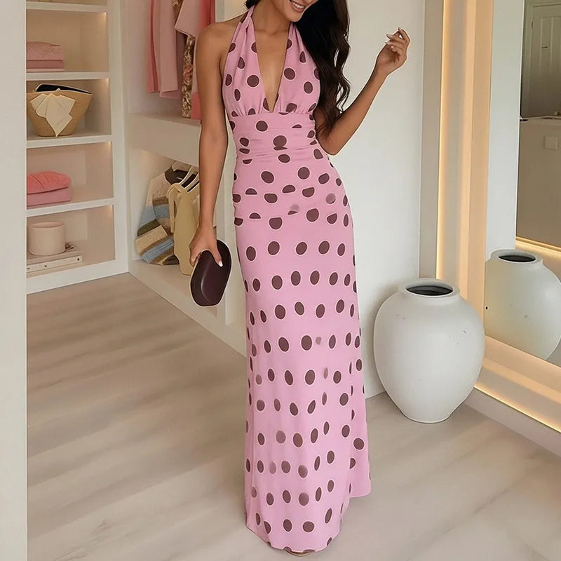 Robe Décontractée À Pois Pour Femmes, Col En V, Longue, Sans Manches, Longueur Cheville, Robe D'été