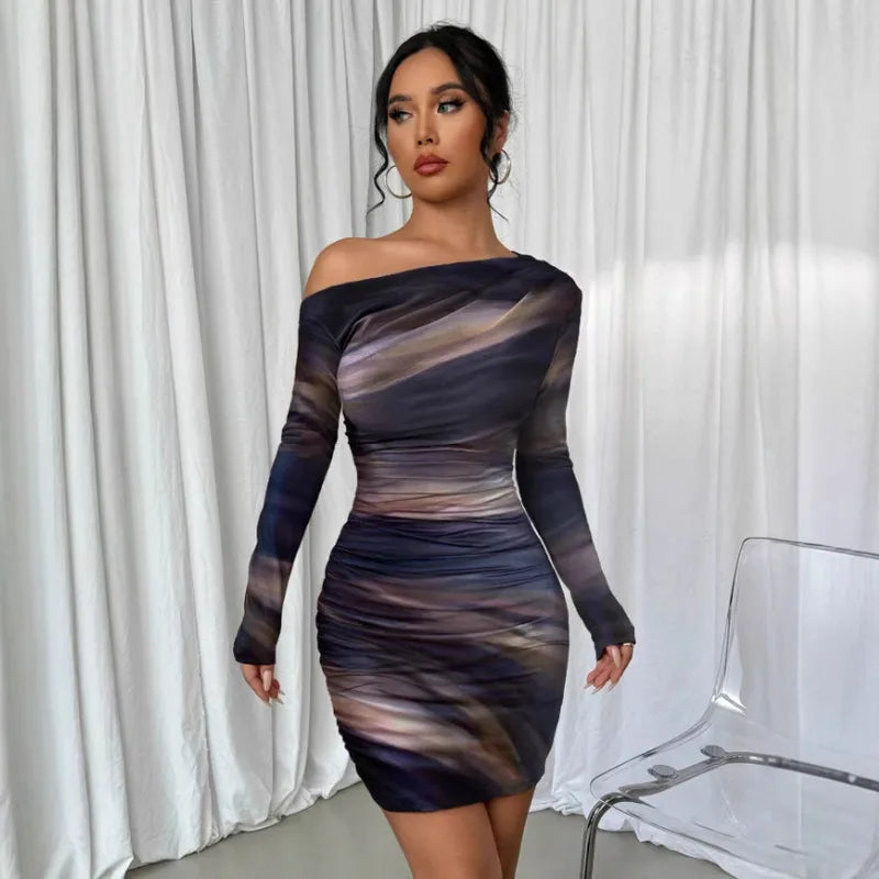 Robe Sexy A Collier Longue Manches Imprimé Arc-en-Ciel Style Européen Et Américain Plissée Casual Taille Moulante Vêtement Femme