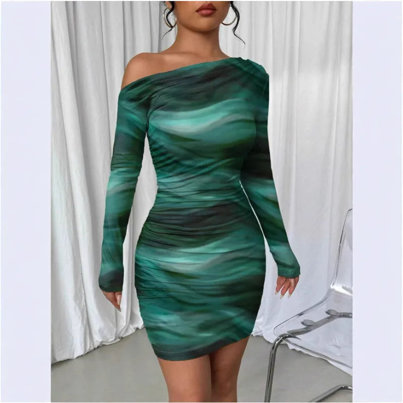 Robe Sexy A Collier Longue Manches Imprimé Arc-en-Ciel Style Européen Et Américain Plissée Casual Taille Moulante Vêtement Femme