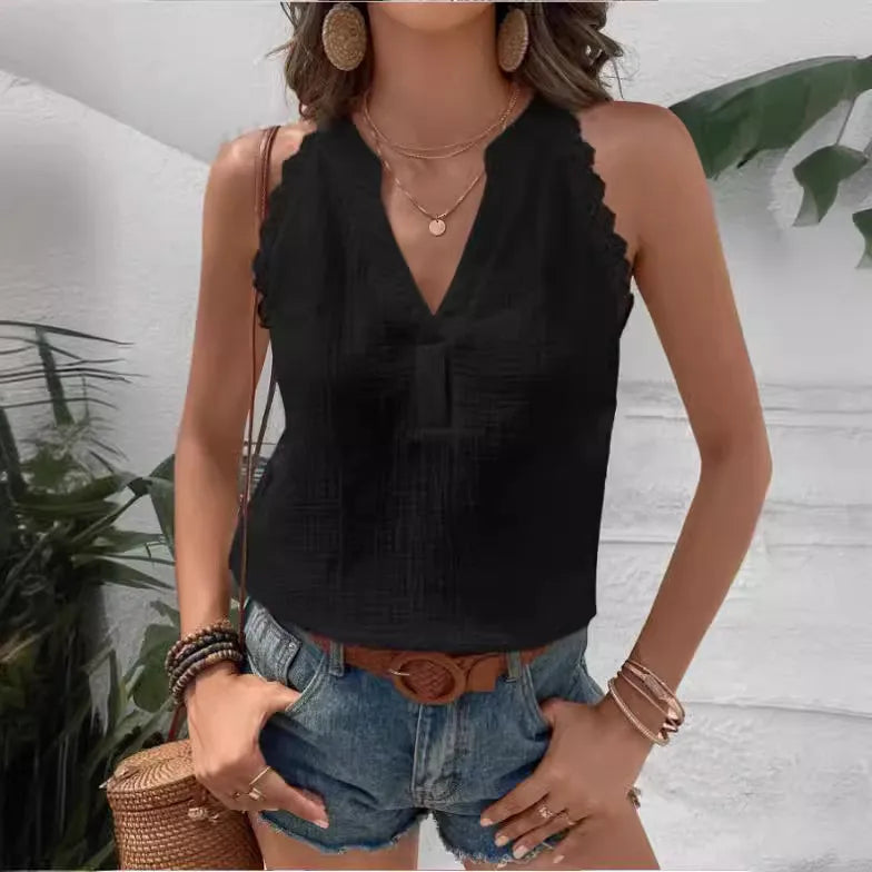 Été Nouvelle Couleur Unie Et V-Cou Hors-Le-Épaule Lâche Casual Top Femmes