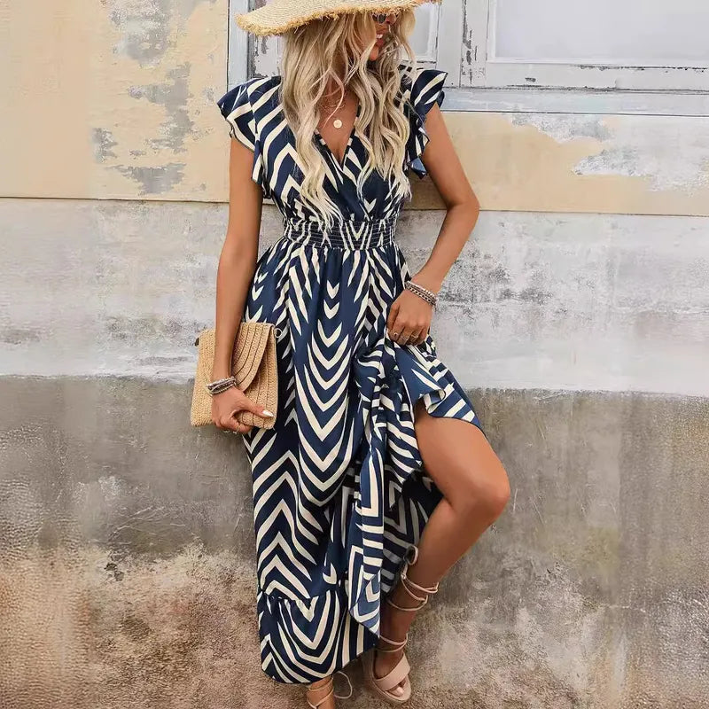 Robe Élégante À Col En V Avec Manches Courtes, Motif Géométrique, En Polyester Imprimé, Longue Jusqu'aux Chevilles