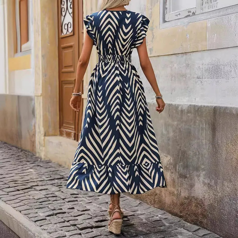 Robe Élégante À Col En V Avec Manches Courtes, Motif Géométrique, En Polyester Imprimé, Longue Jusqu'aux Chevilles