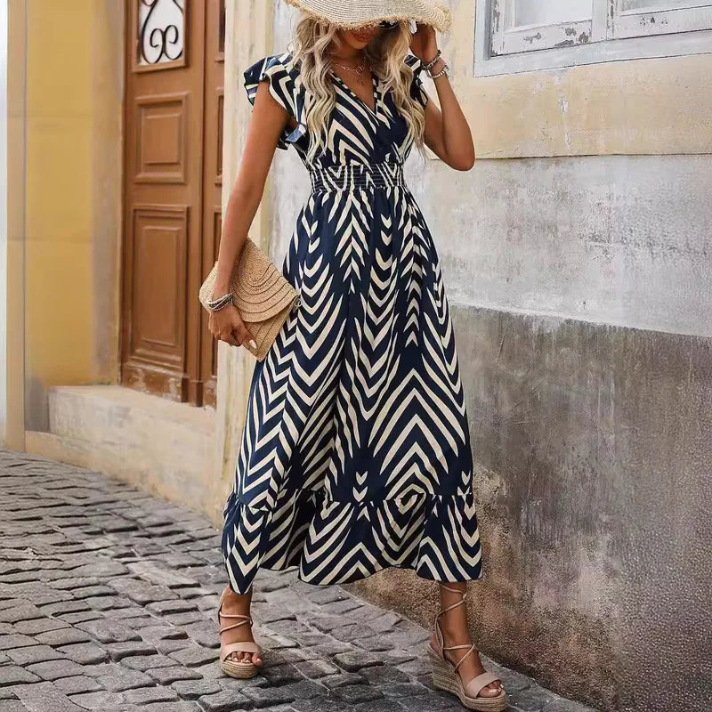 Robe Élégante À Col En V Avec Manches Courtes, Motif Géométrique, En Polyester Imprimé, Longue Jusqu'aux Chevilles