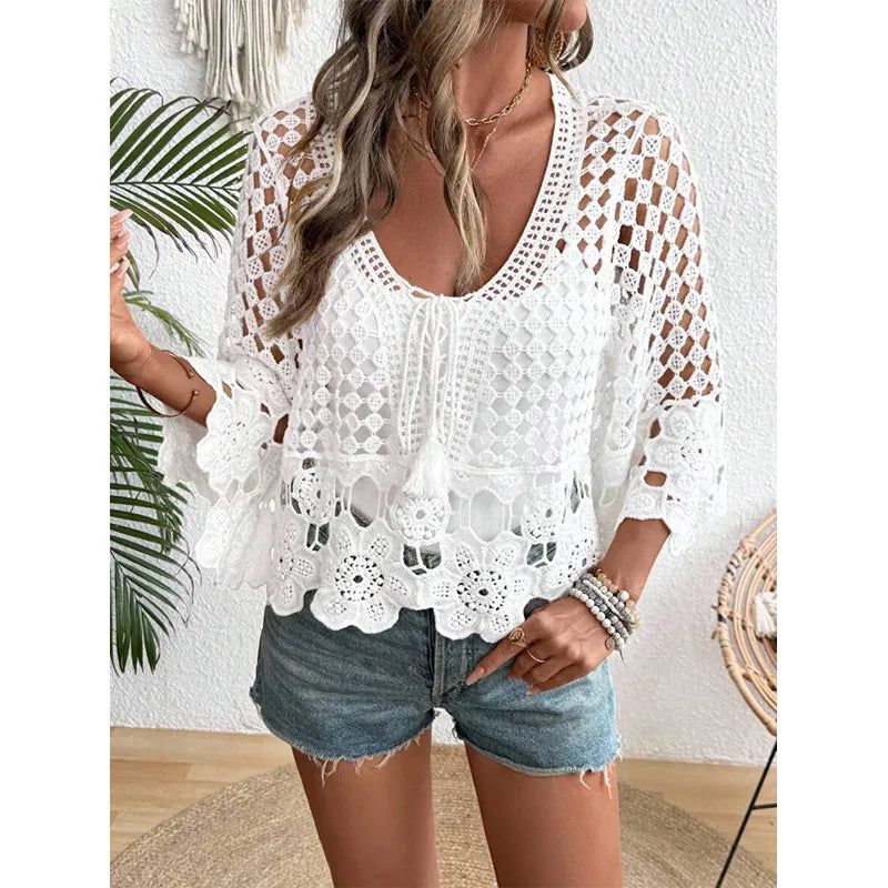 Top Débardeur En Tricot À Motif Ajouré Style Vacances