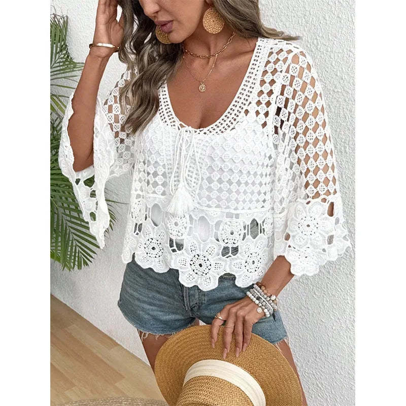 Top Débardeur En Tricot À Motif Ajouré Style Vacances