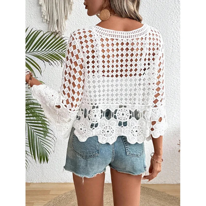 Top Débardeur En Tricot À Motif Ajouré Style Vacances