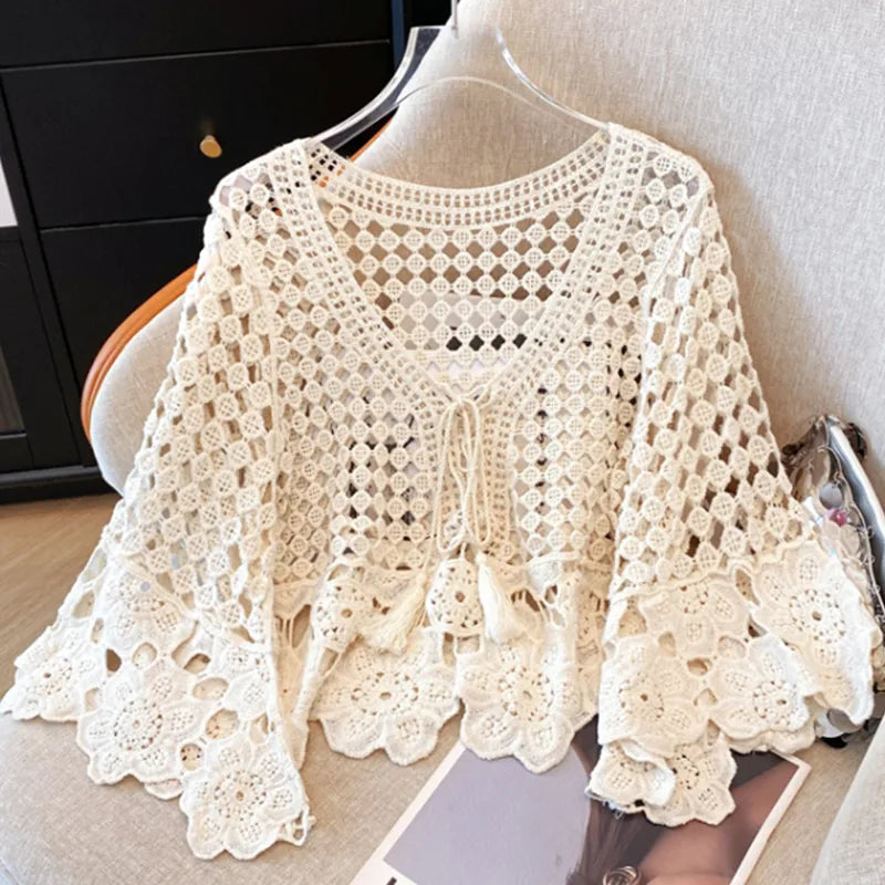 Top Débardeur En Tricot À Motif Ajouré Style Vacances