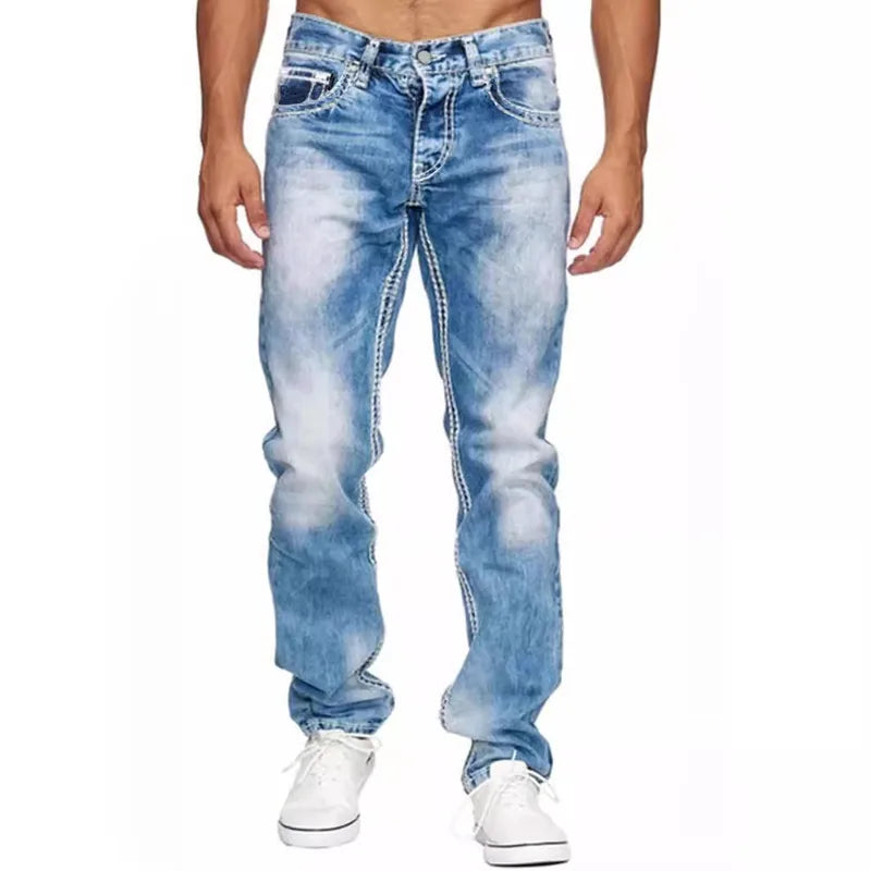Jeans Droits Pour Hommes En Coton Extensible, Taille Mi-haute, Basiques, Longs