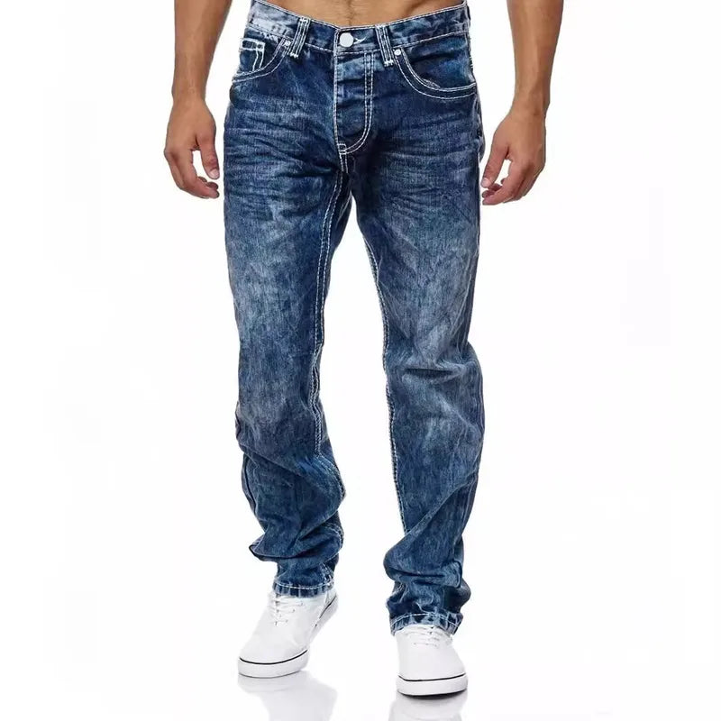 Jeans Droits Pour Hommes En Coton Extensible, Taille Mi-haute, Basiques, Longs