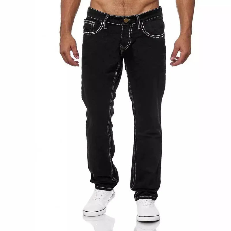 Jeans Droits Pour Hommes En Coton Extensible, Taille Mi-haute, Basiques, Longs