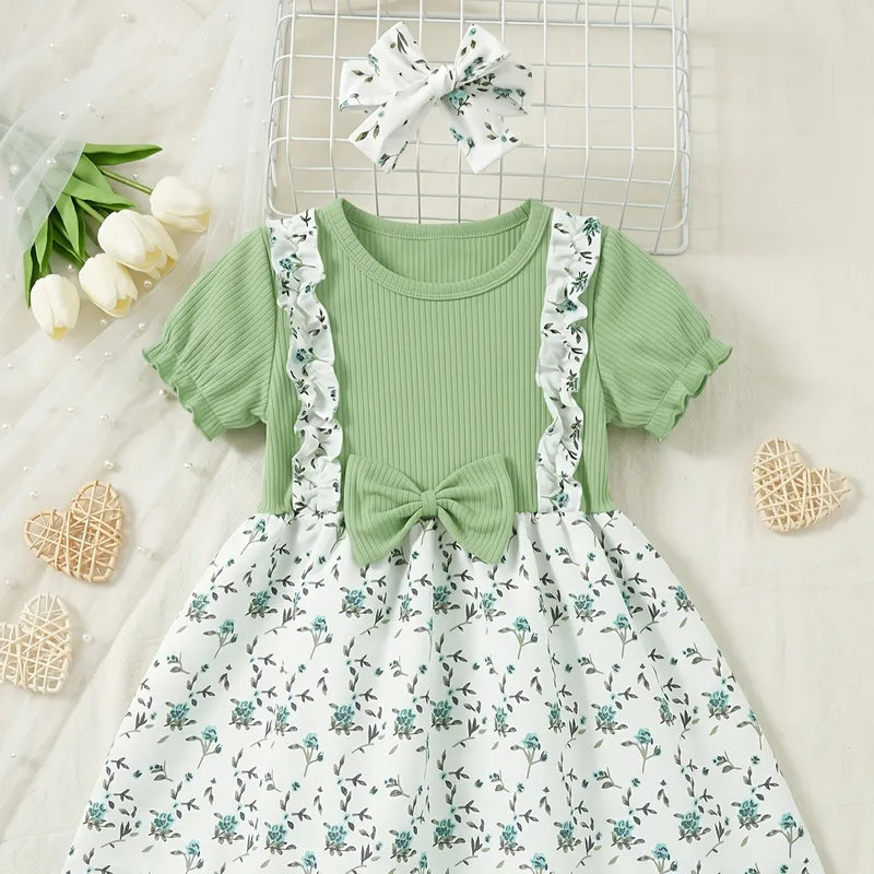 Robe Bébé Fille Mignonne En Polyester Avec Motif Nœud Papillon Et Couleur Vert Clair