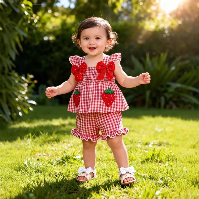 Ensemble Fille Motif Fraise 🍓 | Pantalon 2 Pièces Nylon & Broderie Délicate