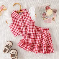 Ensemble Jupe 2 Pièces Fille | Rouge Plaid Dentelle – Polyester Doux & Élégante