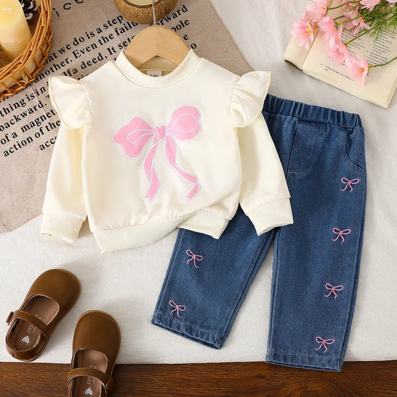 Ensemble 2 Pièces Fille 🌸 | Pantalon Polyester Brodé – Motif Uni & Style Mignon