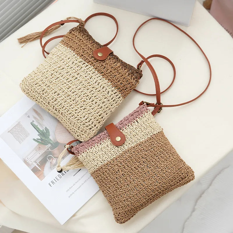 Sac en Paille Carré Femme ✨ | Motif Bloc Couleur, Gland Décoratif – Chic & Tendance