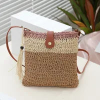 Sac en Paille Carré Femme ✨ | Motif Bloc Couleur, Gland Décoratif – Chic & Tendance