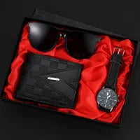 Coffret Cadeau Luxe Homme – Montre Quartz Cadran Rond & Lunettes de Soleil, Bracelet Cuir Boucle Ardillon