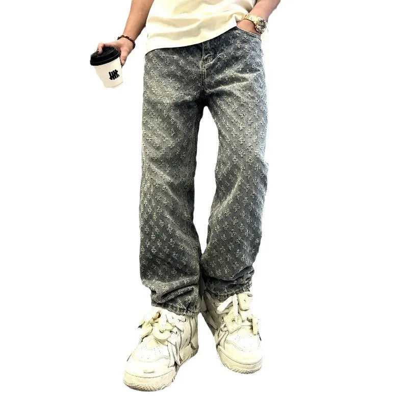 Jean Homme Motif Floral Longueur Complète – Coupe Ample Élastique Style Décontracté
