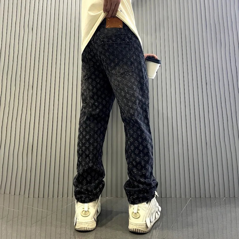 Jean Homme Motif Floral Longueur Complète – Coupe Ample Élastique Style Décontracté