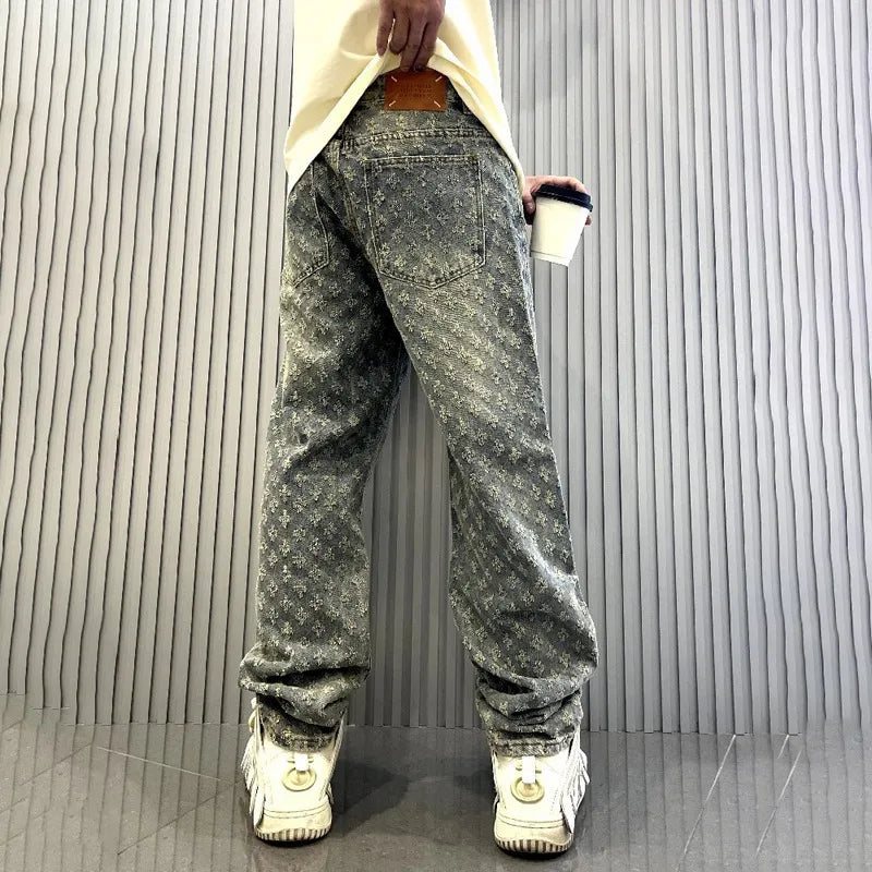 Jean Homme Motif Floral Longueur Complète – Coupe Ample Élastique Style Décontracté