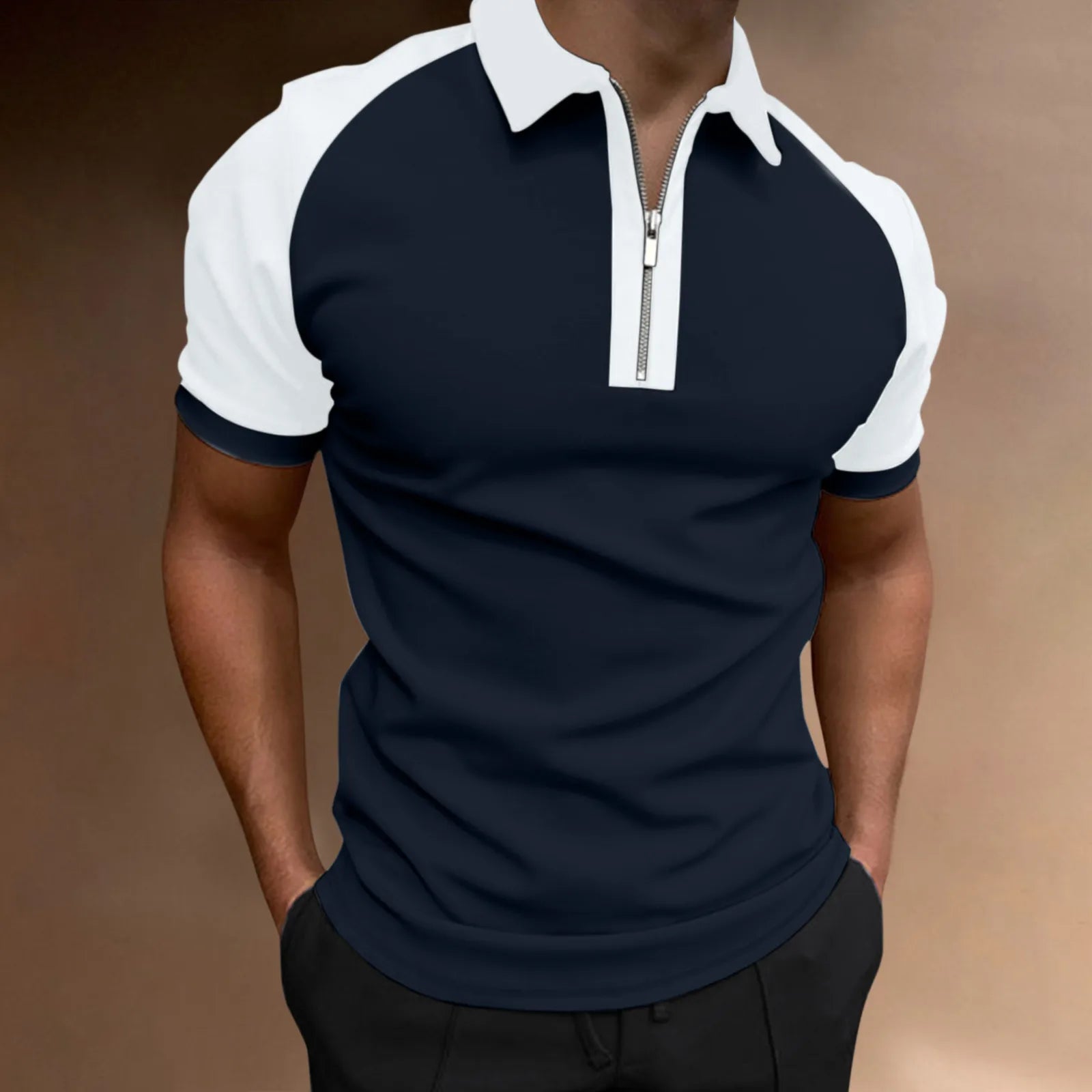 Polo À Manches Courtes En Polyester Avec Motif Bloc De Couleur Et Couture, Style De Base
