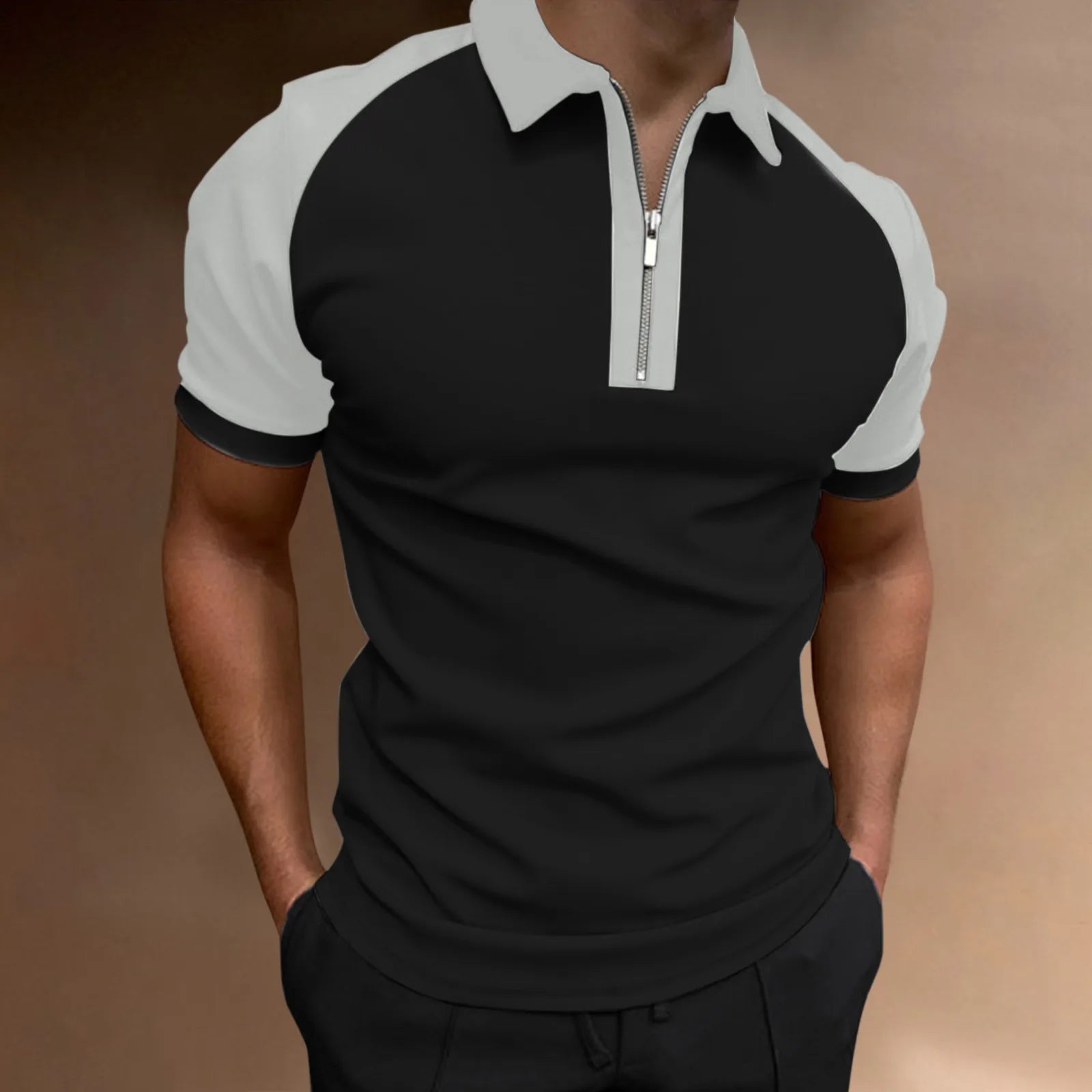 Polo À Manches Courtes En Polyester Avec Motif Bloc De Couleur Et Couture, Style De Base