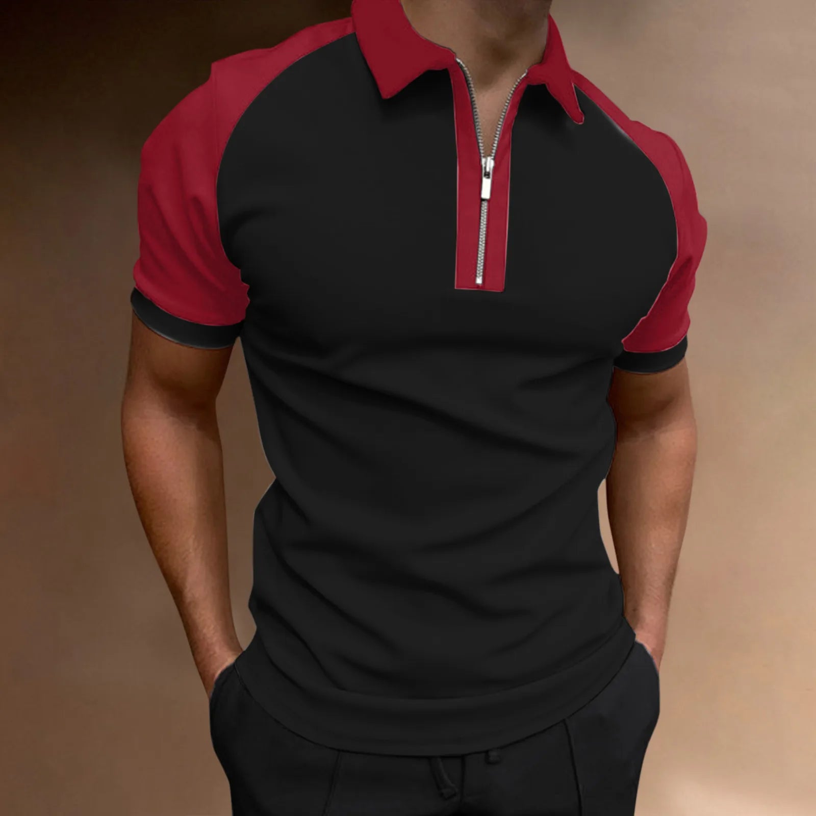 Polo À Manches Courtes En Polyester Avec Motif Bloc De Couleur Et Couture, Style De Base