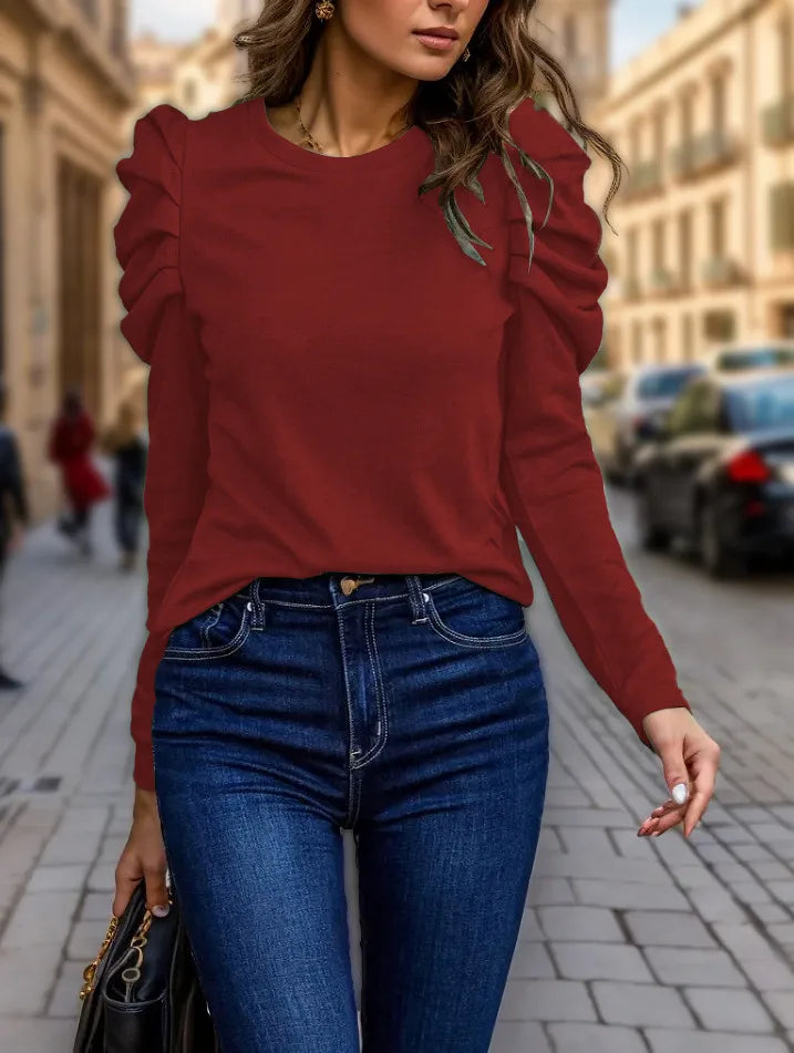 T-shirt À Manches Longues Décontracté En Polyester Uni Avec Plis