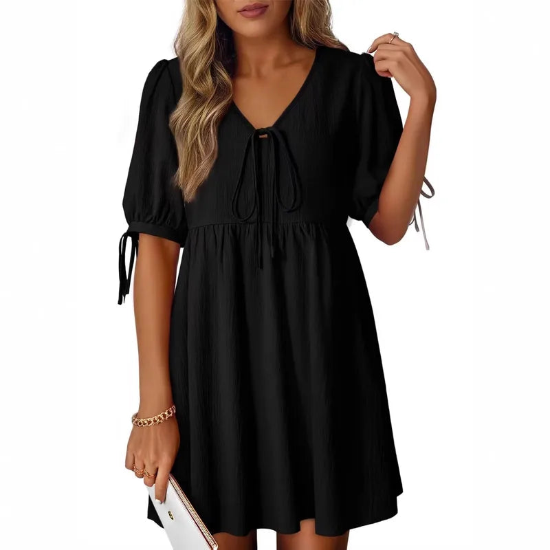 Robe Élégante À Col En V Et Manches Courtes, Motif Uni, En Polyester, Longueur Genou