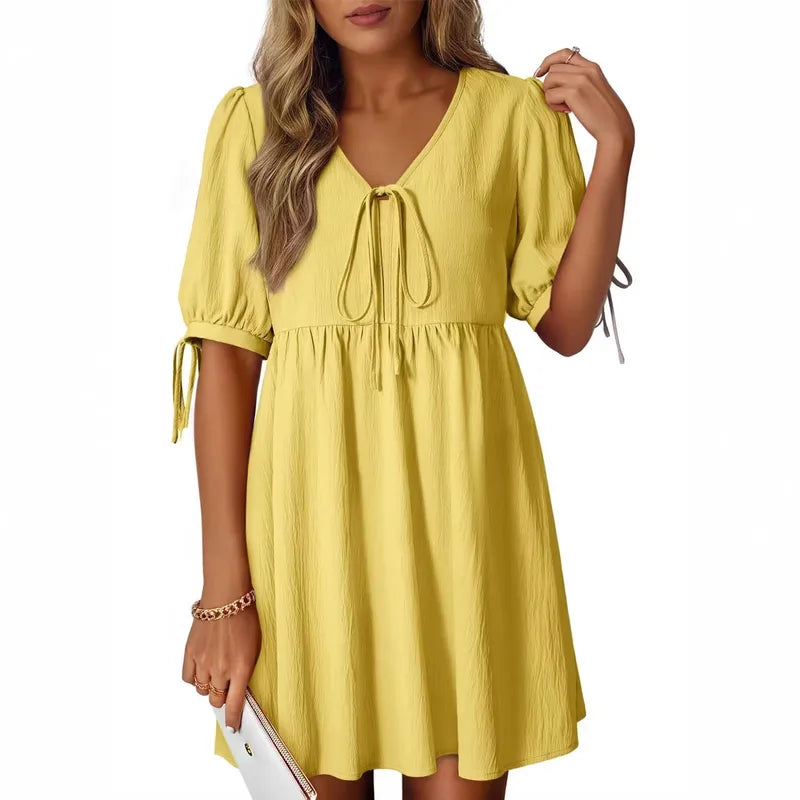 Robe Élégante À Col En V Et Manches Courtes, Motif Uni, En Polyester, Longueur Genou