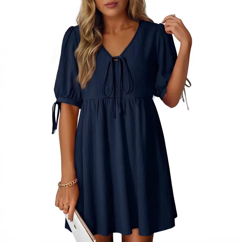 Robe Élégante À Col En V Et Manches Courtes, Motif Uni, En Polyester, Longueur Genou