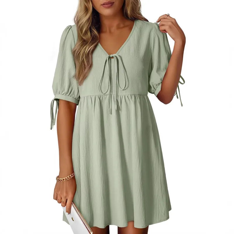 Robe Élégante À Col En V Et Manches Courtes, Motif Uni, En Polyester, Longueur Genou