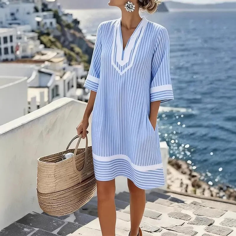 Robe D'été À Fleurs Pour Plage Avec Col En V Et Manches Courtes