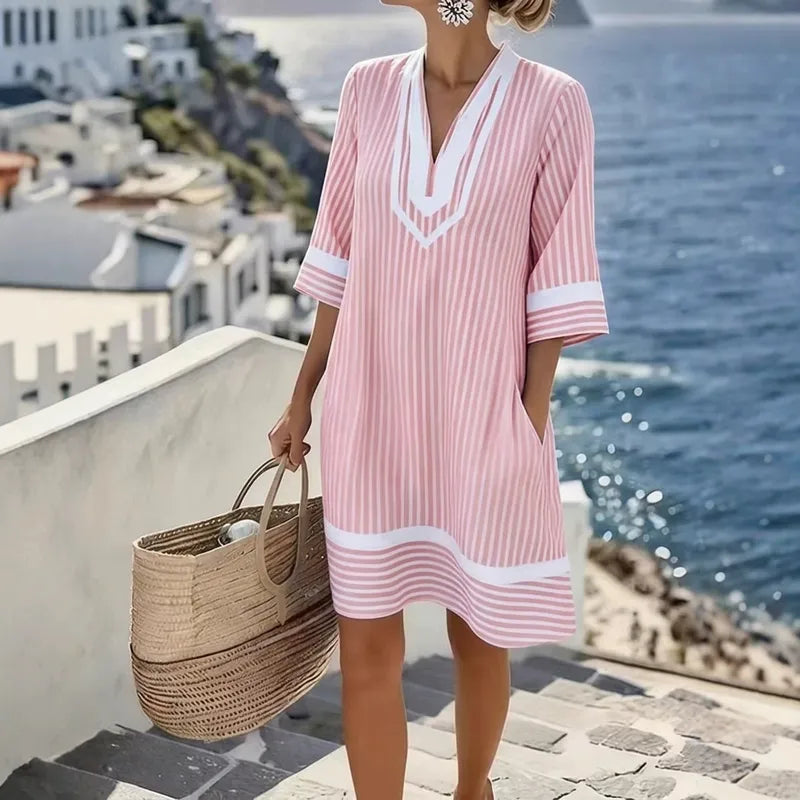 Robe D'été À Fleurs Pour Plage Avec Col En V Et Manches Courtes