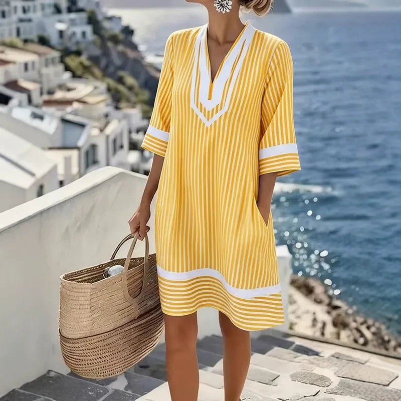 Robe D'été À Fleurs Pour Plage Avec Col En V Et Manches Courtes