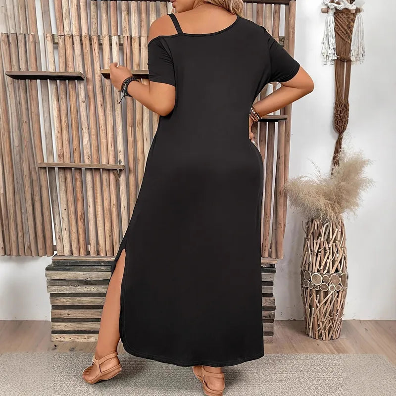 Robe Fendue Sexy Pour Femmes En Polyester, Col En V, Manches Courtes, Couleur Unie