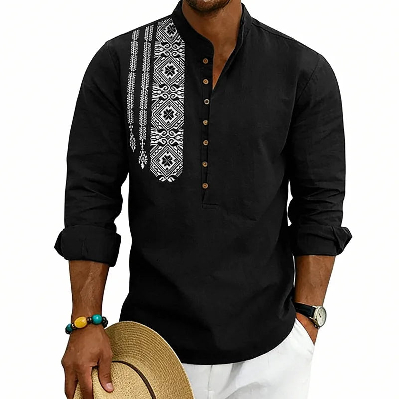 T-shirt À Manches Longues Style Ethnique En Lin Avec Motif Tribal, Imprimé De Qualité