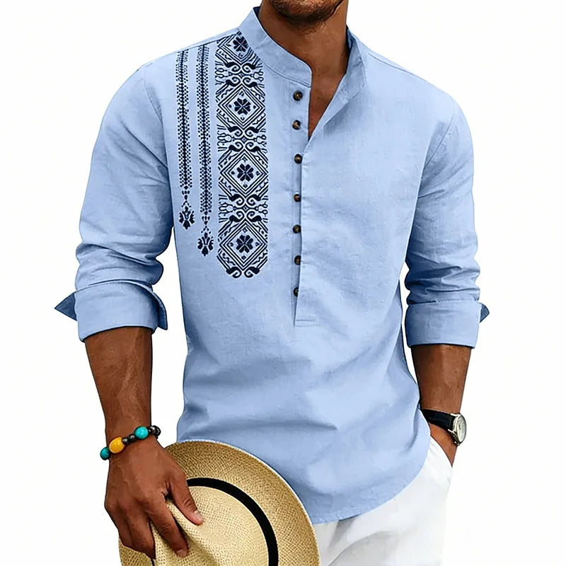 T-shirt À Manches Longues Style Ethnique En Lin Avec Motif Tribal, Imprimé De Qualité