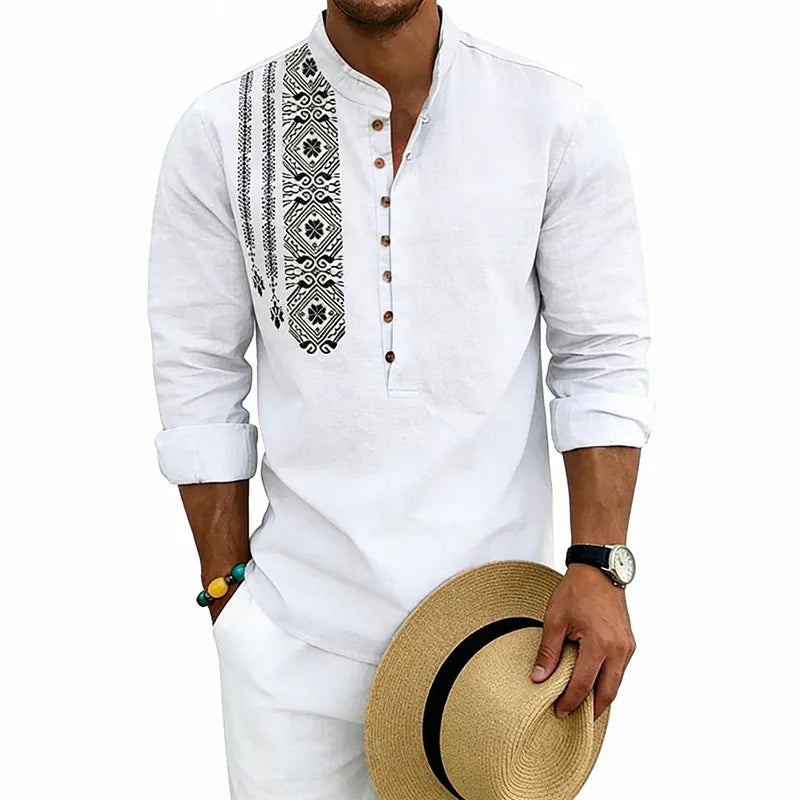 T-shirt À Manches Longues Style Ethnique En Lin Avec Motif Tribal, Imprimé De Qualité