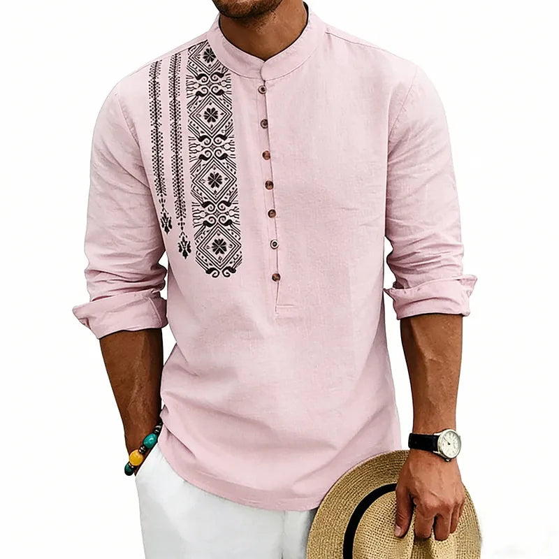 T-shirt À Manches Longues Style Ethnique En Lin Avec Motif Tribal, Imprimé De Qualité