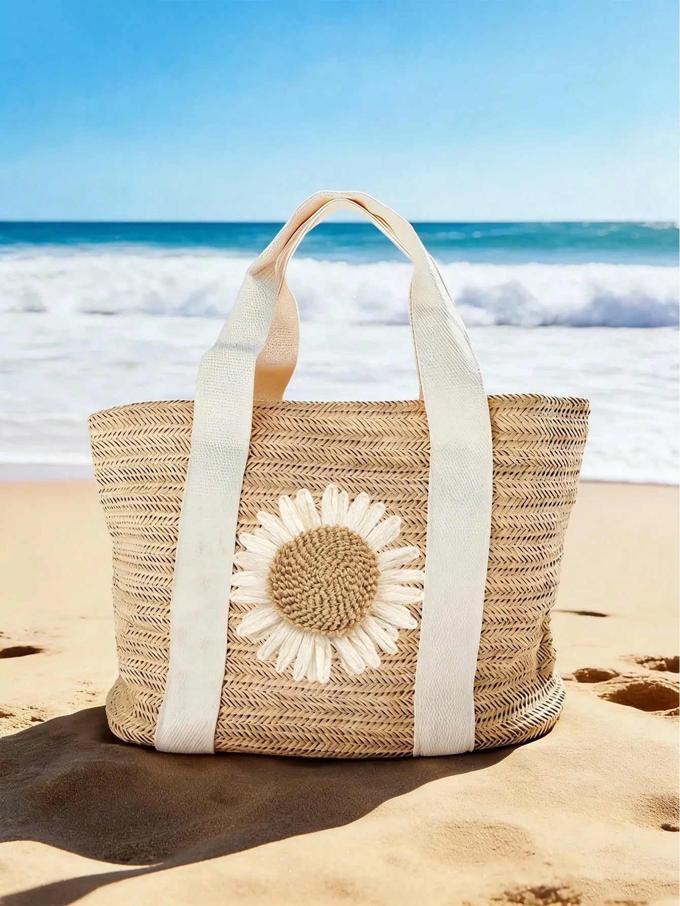 Sac D'épaule En Paille À Motif Fleurs Avec Décoration Florale