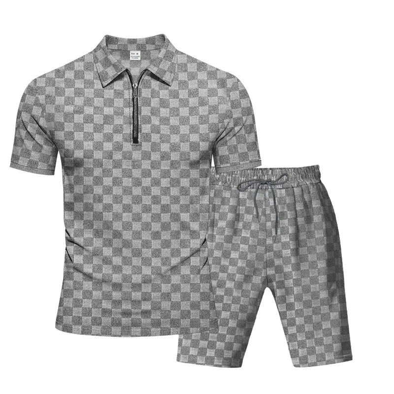 Ensemble De Sport Décontracté Homme Gris En Polyester À Motif Plaid Avec Col Semi-ouvert Et Tissage Jacquard