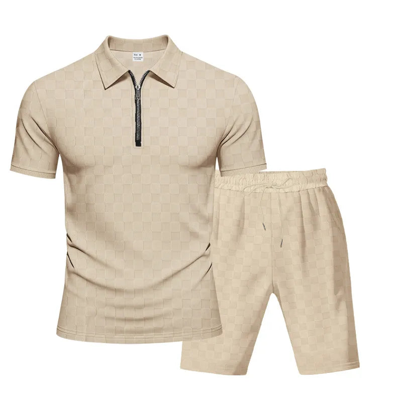 Ensemble De Sport Décontracté Homme Gris En Polyester À Motif Plaid Avec Col Semi-ouvert Et Tissage Jacquard