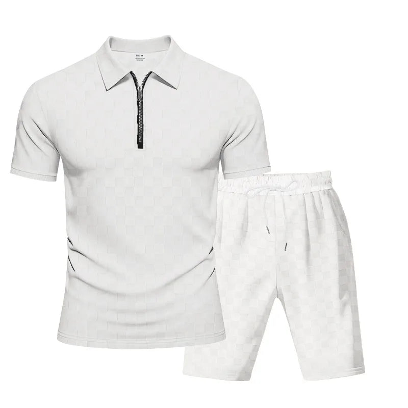 Ensemble De Sport Décontracté Homme Gris En Polyester À Motif Plaid Avec Col Semi-ouvert Et Tissage Jacquard