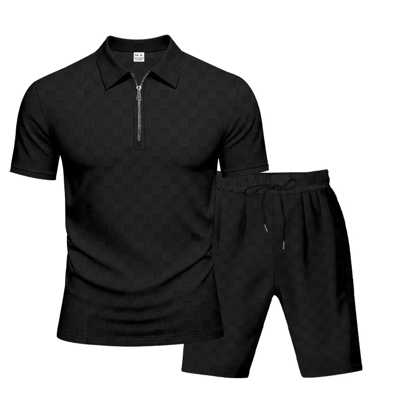 Ensemble De Sport Décontracté Homme Gris En Polyester À Motif Plaid Avec Col Semi-ouvert Et Tissage Jacquard