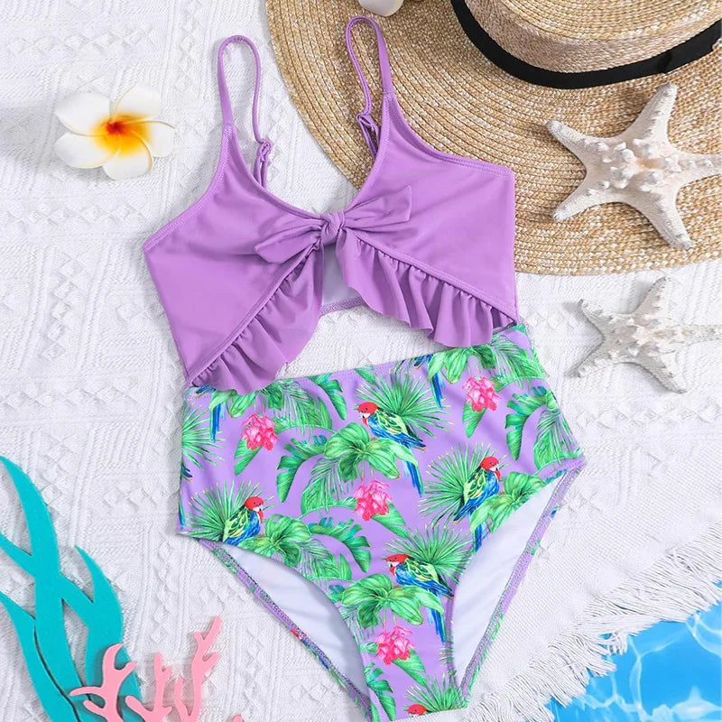 Maillot De Bain Fendu Fille Motif Fleurs En Polyester Imprimé, Couleur Violette, Spécial Piscine Enfant