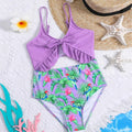 Maillot De Bain Fendu Fille Motif Fleurs En Polyester Imprimé, Couleur Violette, Spécial Piscine Enfant